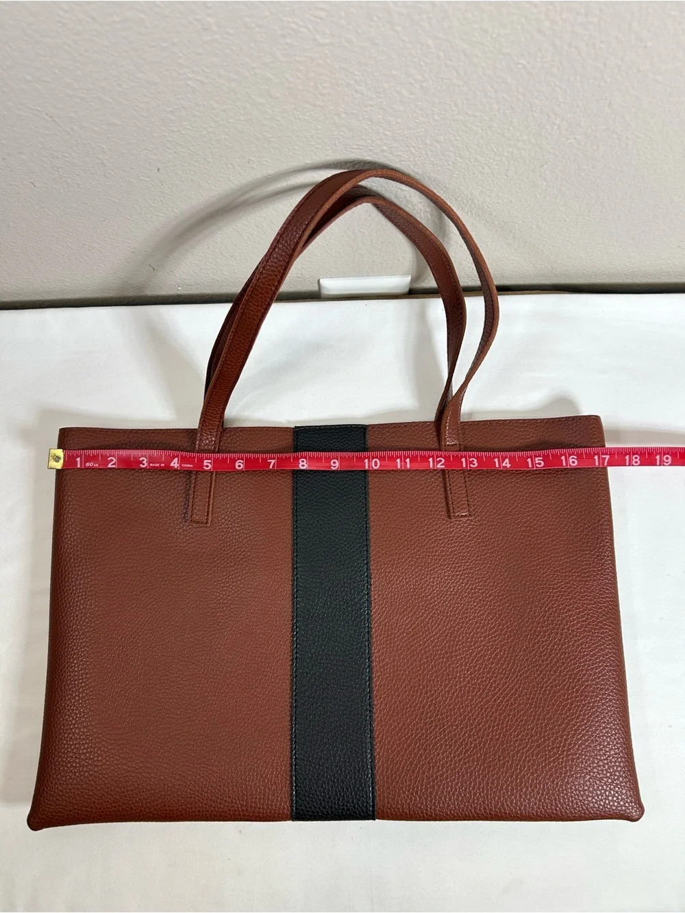 Vince Camuto Faux Pebble leather Brown Black Laptop Tote Bag Minimalist Work